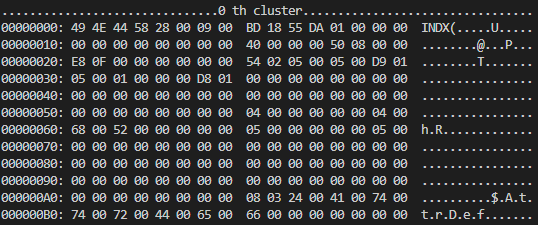 <그림 3-11> Cluster 813 / LBA 6504의 데이터. Root Directory의 기능을 가진다.