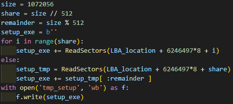 <그림 4-17> 삭제된 Setup.exe의 데이터 복제를 위한 코드