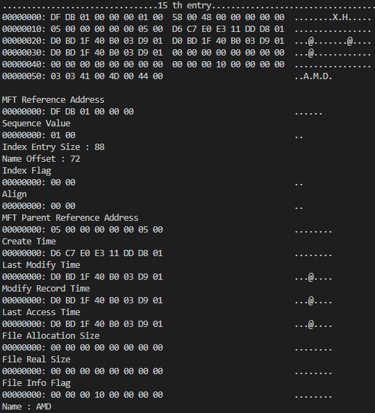 <그림 4-2> Root Directory에서 15번째에 위치한 AMD 파일의 정보